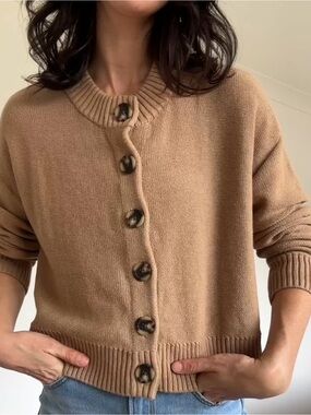 NWT Quince M Camel Cropped 100% Organic Cotton Cardigan